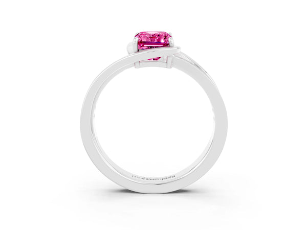 White gold Emerald Cut Pink Sapphire Solitaire Ring with Split Shank and Prong Setting
