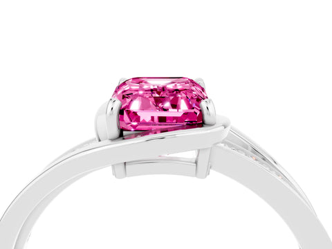 White gold Emerald Cut Pink Sapphire Solitaire Ring with Split Shank and Prong Setting_4