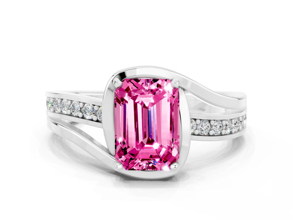 Silver Emerald Cut Pink Sapphire Solitaire Ring with Split Shank and Prong Setting