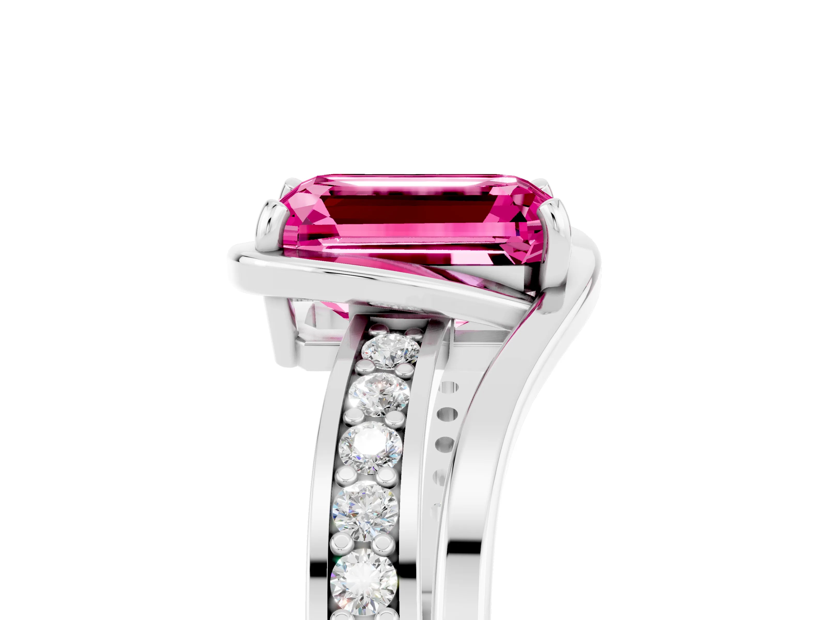 White gold Emerald Cut Pink Sapphire Solitaire Ring with Split Shank and Prong Setting_5