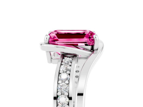 White gold Emerald Cut Pink Sapphire Solitaire Ring with Split Shank and Prong Setting_5