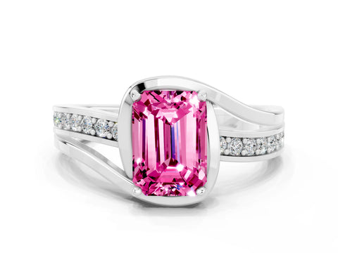 White gold Emerald Cut Pink Sapphire Solitaire Ring with Split Shank and Prong Setting