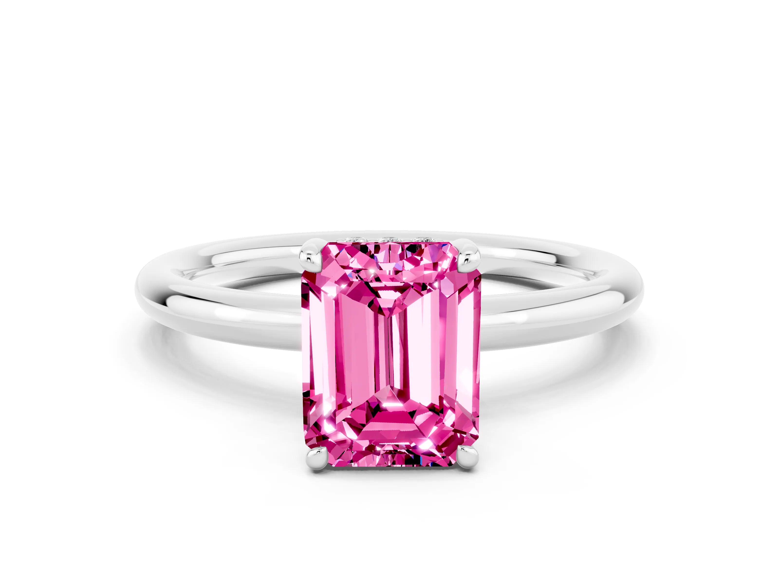 White gold Emerald Cut Pink Sapphire Solitaire Ring with Thin Band and Four-Prong Setting_36