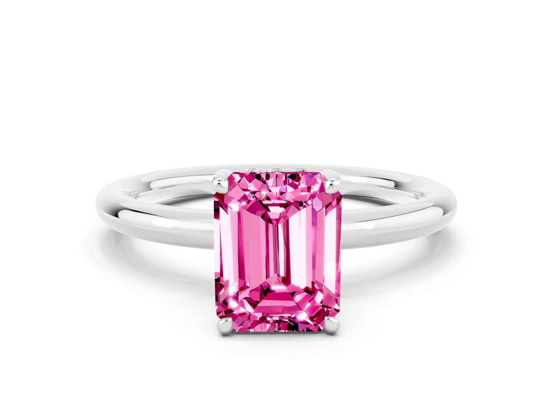 White gold Emerald Cut Pink Sapphire Solitaire Ring with Thin Band and Four-Prong Setting_36