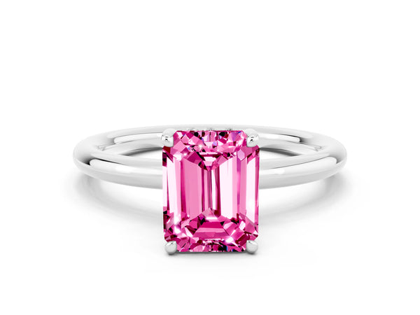 Silver Emerald Cut Pink Sapphire Solitaire Ring with Thin Band and Four-Prong Setting