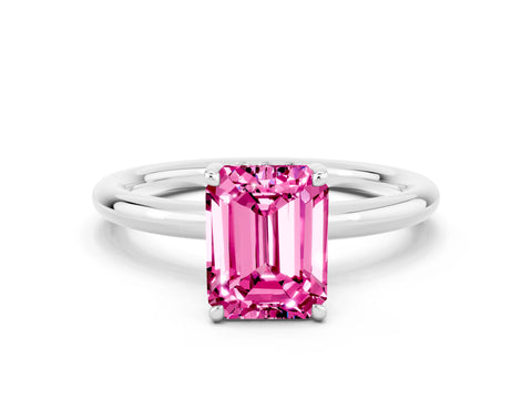 White gold Emerald Cut Pink Sapphire Solitaire Ring with Thin Band and Four-Prong Setting_36