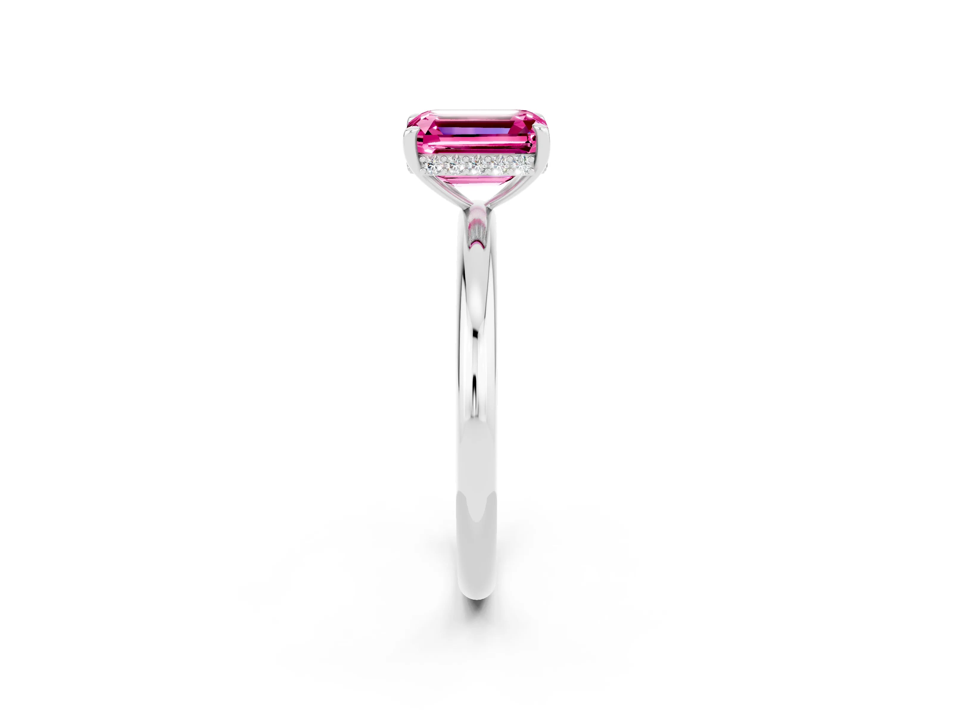 White gold Emerald Cut Pink Sapphire Solitaire Ring with Thin Band and Four-Prong Setting_38