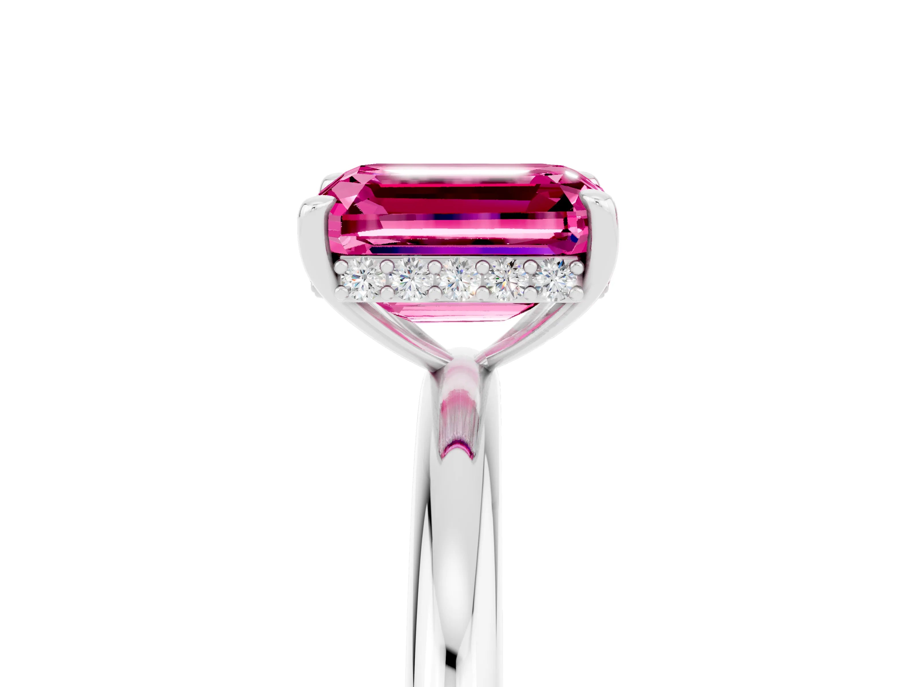 White gold Emerald Cut Pink Sapphire Solitaire Ring with Thin Band and Four-Prong Setting_41
