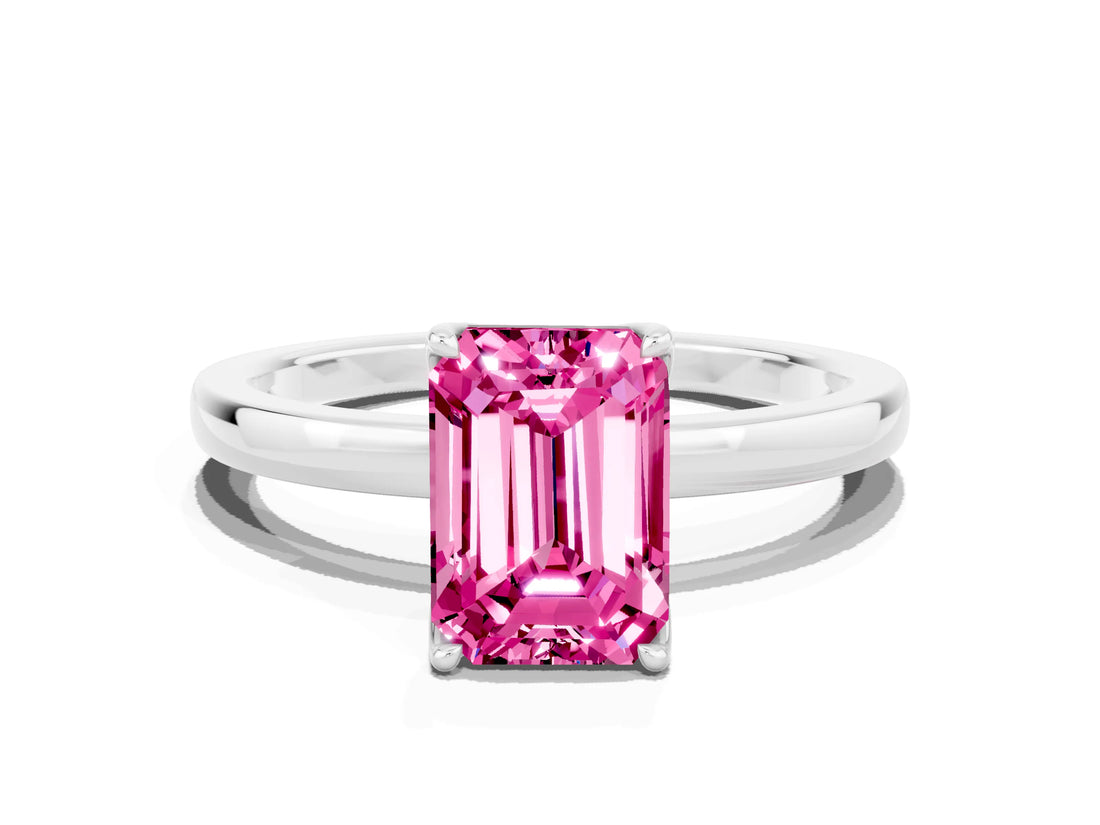 White gold Emerald Cut Pink Sapphire Solitaire Ring with Thin Band and Prong Setting_12