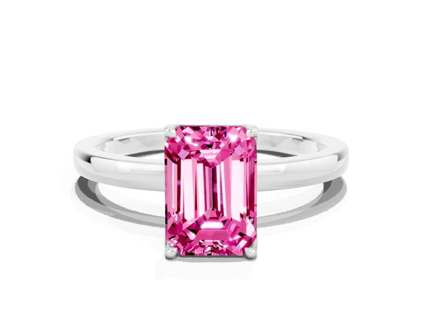 Silver Emerald Cut Pink Sapphire Solitaire Ring with Thin Band and Prong Setting