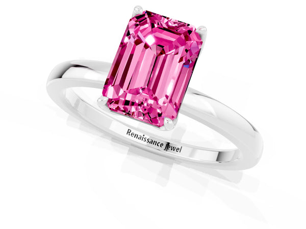 White gold Emerald Cut Pink Sapphire Solitaire Ring with Thin Band and Prong Setting