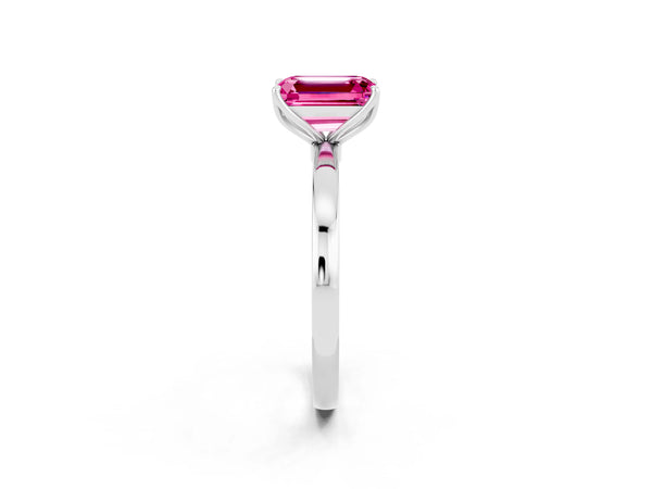 White gold Emerald Cut Pink Sapphire Solitaire Ring with Thin Band and Prong Setting