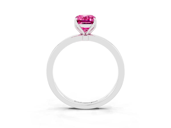 White gold Emerald Cut Pink Sapphire Solitaire Ring with Thin Band and Prong Setting