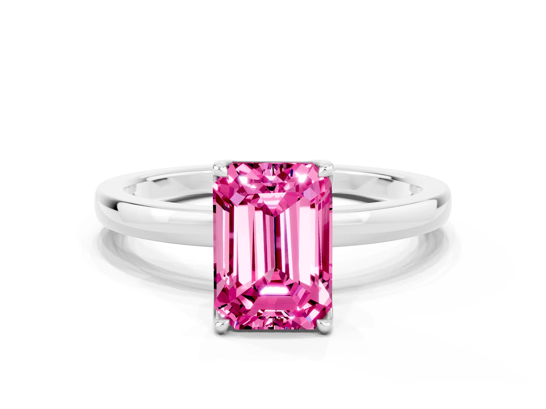 White gold Emerald Cut Pink Sapphire Solitaire Ring with Thin Band and Prong Setting_36