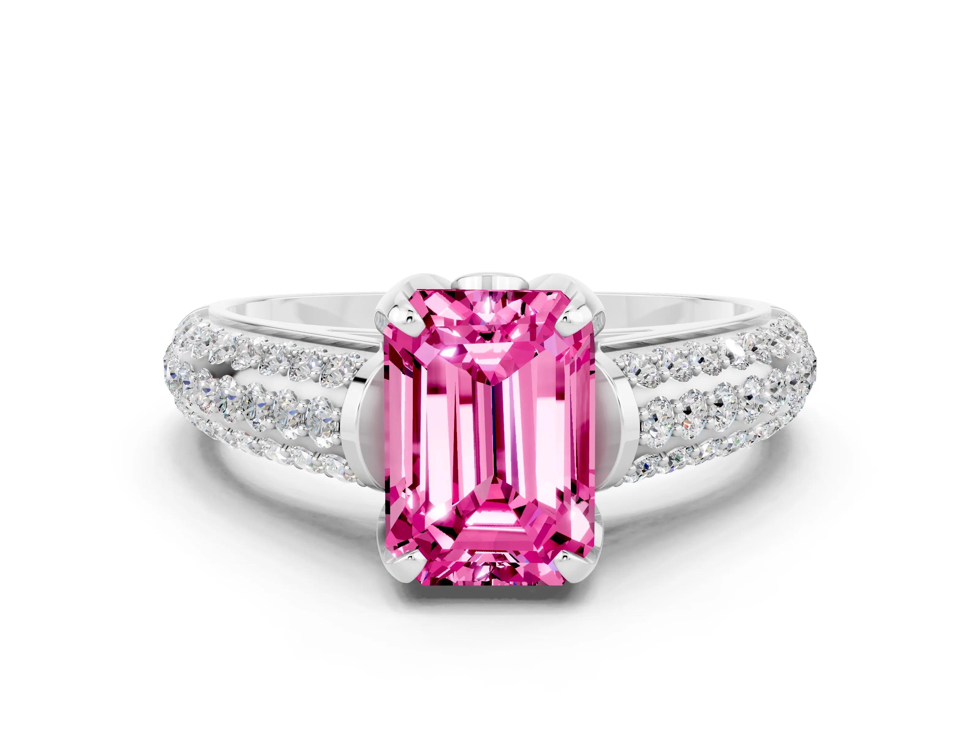 White gold Emerald Cut Pink Sapphire Solitaire Ring with Three-Row Pavé Band and Four-Prong Setting_12