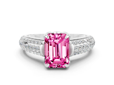 White gold Emerald Cut Pink Sapphire Solitaire Ring with Three-Row Pavé Band and Four-Prong Setting_12