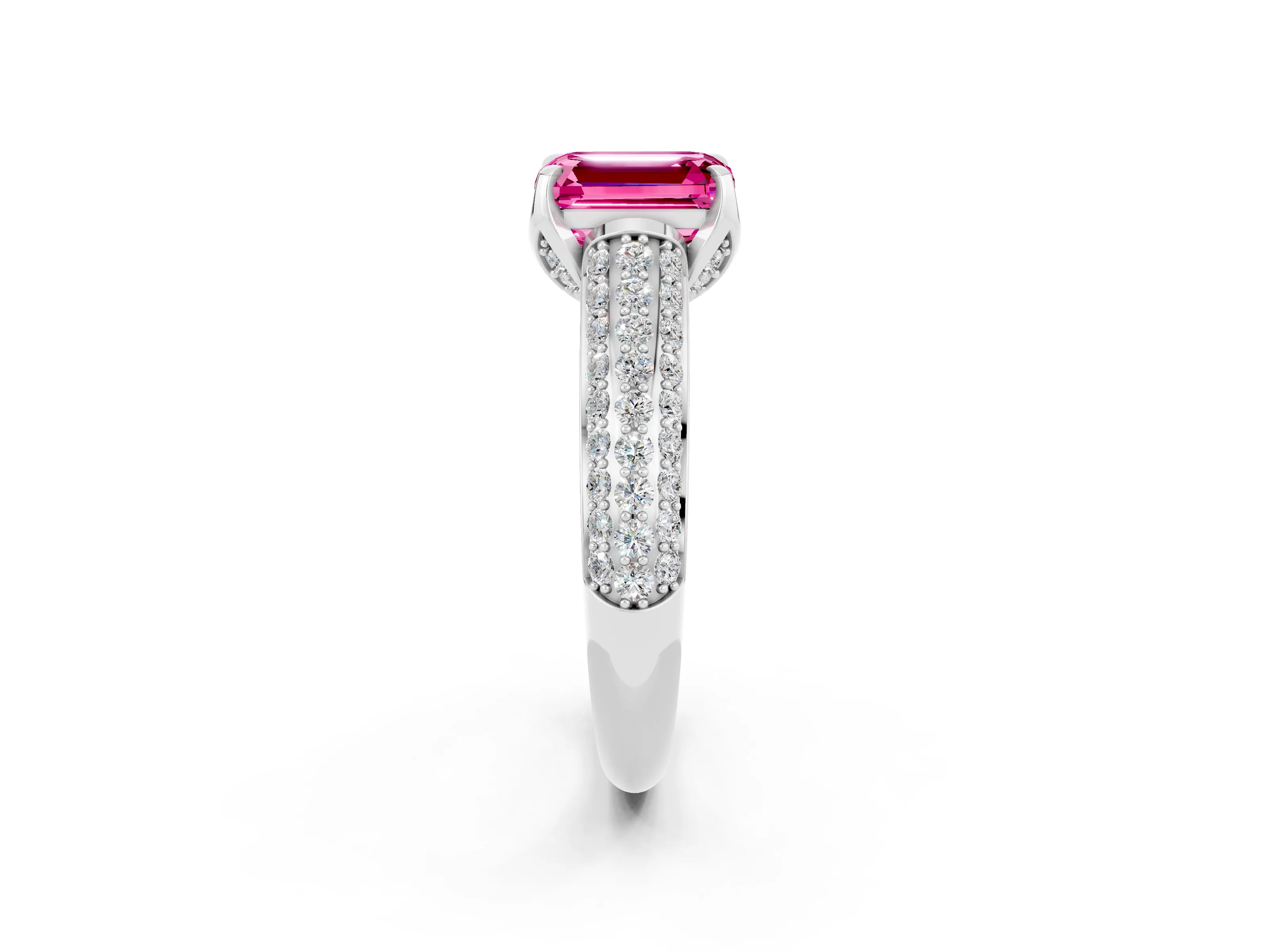 White gold Emerald Cut Pink Sapphire Solitaire Ring with Three-Row Pavé Band and Four-Prong Setting_14