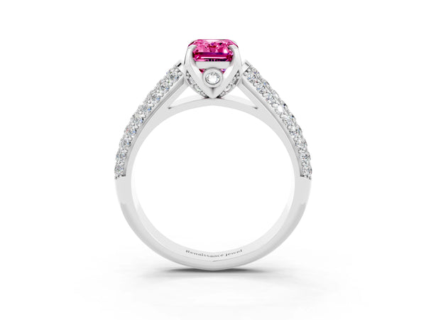 Platinum Emerald Cut Pink Sapphire Solitaire Ring with Three-Row Pavé Band and Four-Prong Setting