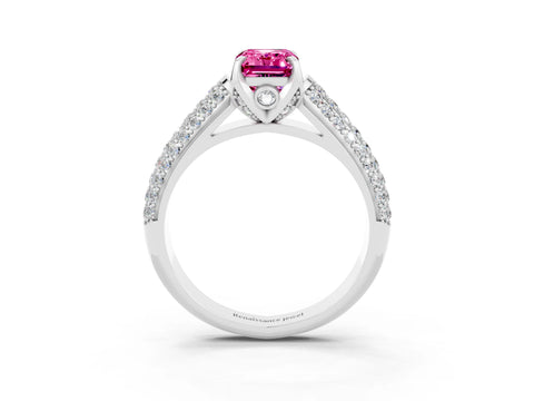 White gold Emerald Cut Pink Sapphire Solitaire Ring with Three-Row Pavé Band and Four-Prong Setting_15