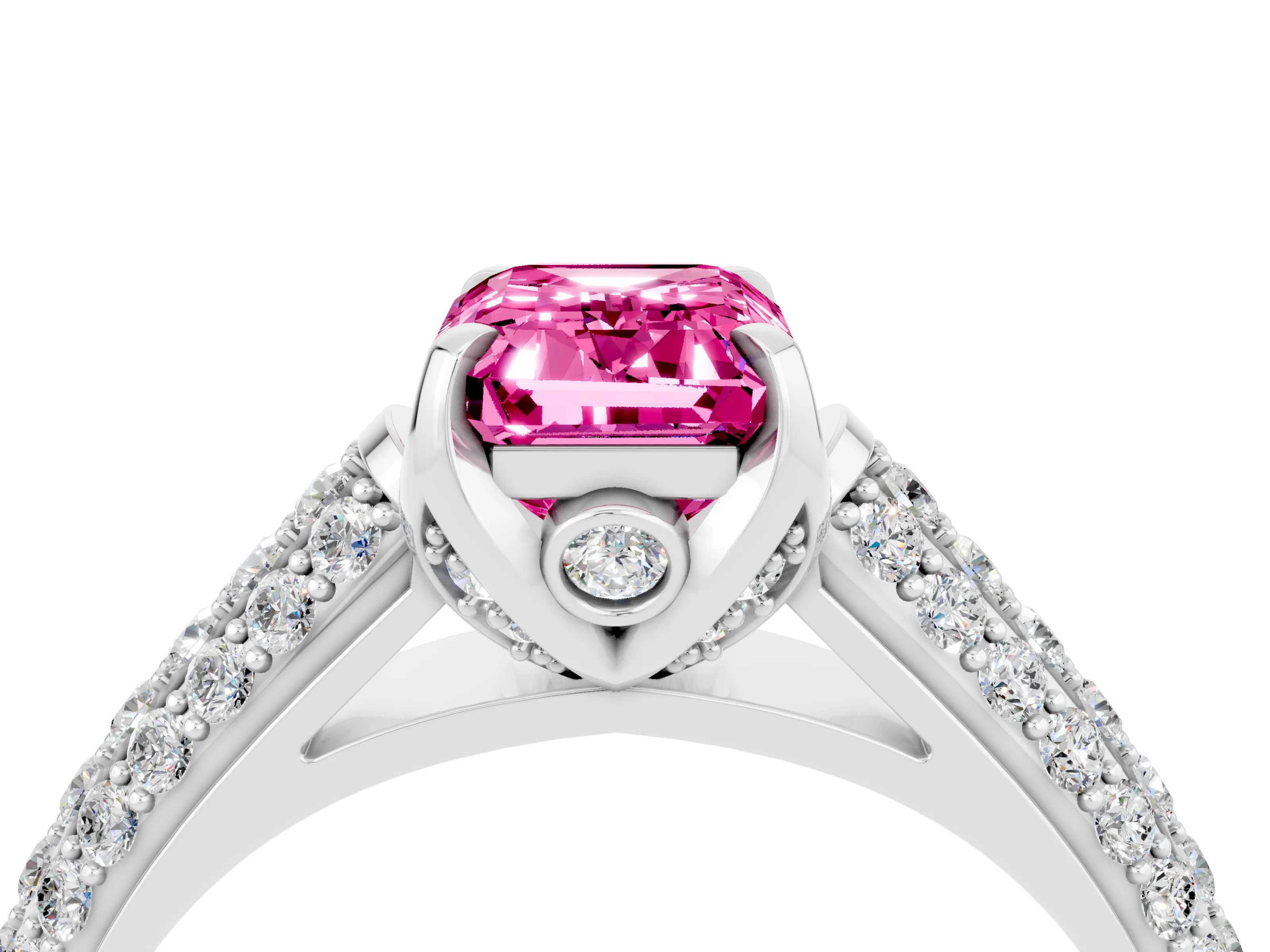 White gold Emerald Cut Pink Sapphire Solitaire Ring with Three-Row Pavé Band and Four-Prong Setting_16