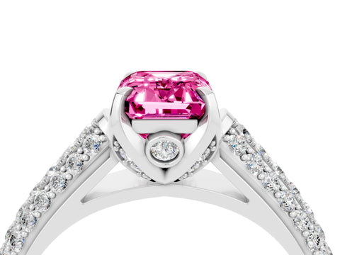 White gold Emerald Cut Pink Sapphire Solitaire Ring with Three-Row Pavé Band and Four-Prong Setting_16
