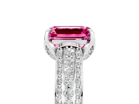 White gold Emerald Cut Pink Sapphire Solitaire Ring with Three-Row Pavé Band and Four-Prong Setting_17