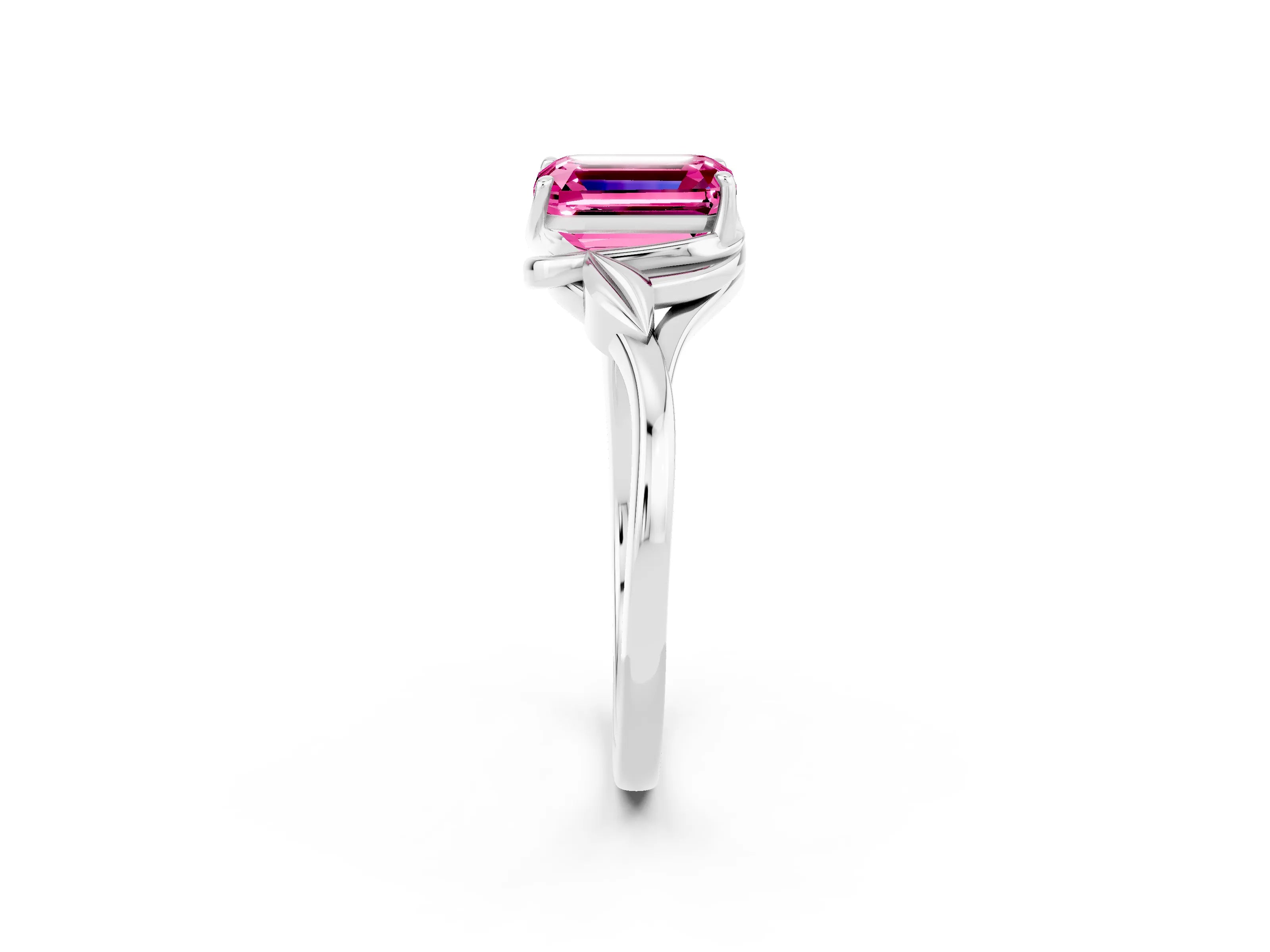 White gold Emerald Cut Pink Sapphire Solitaire Ring with Twist Band and Four-Prong Setting_14