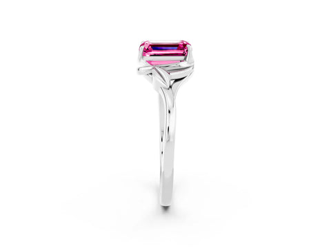 White gold Emerald Cut Pink Sapphire Solitaire Ring with Twist Band and Four-Prong Setting_14