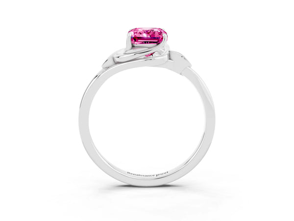 Platinum Emerald Cut Pink Sapphire Solitaire Ring with Twist Band and Four-Prong Setting