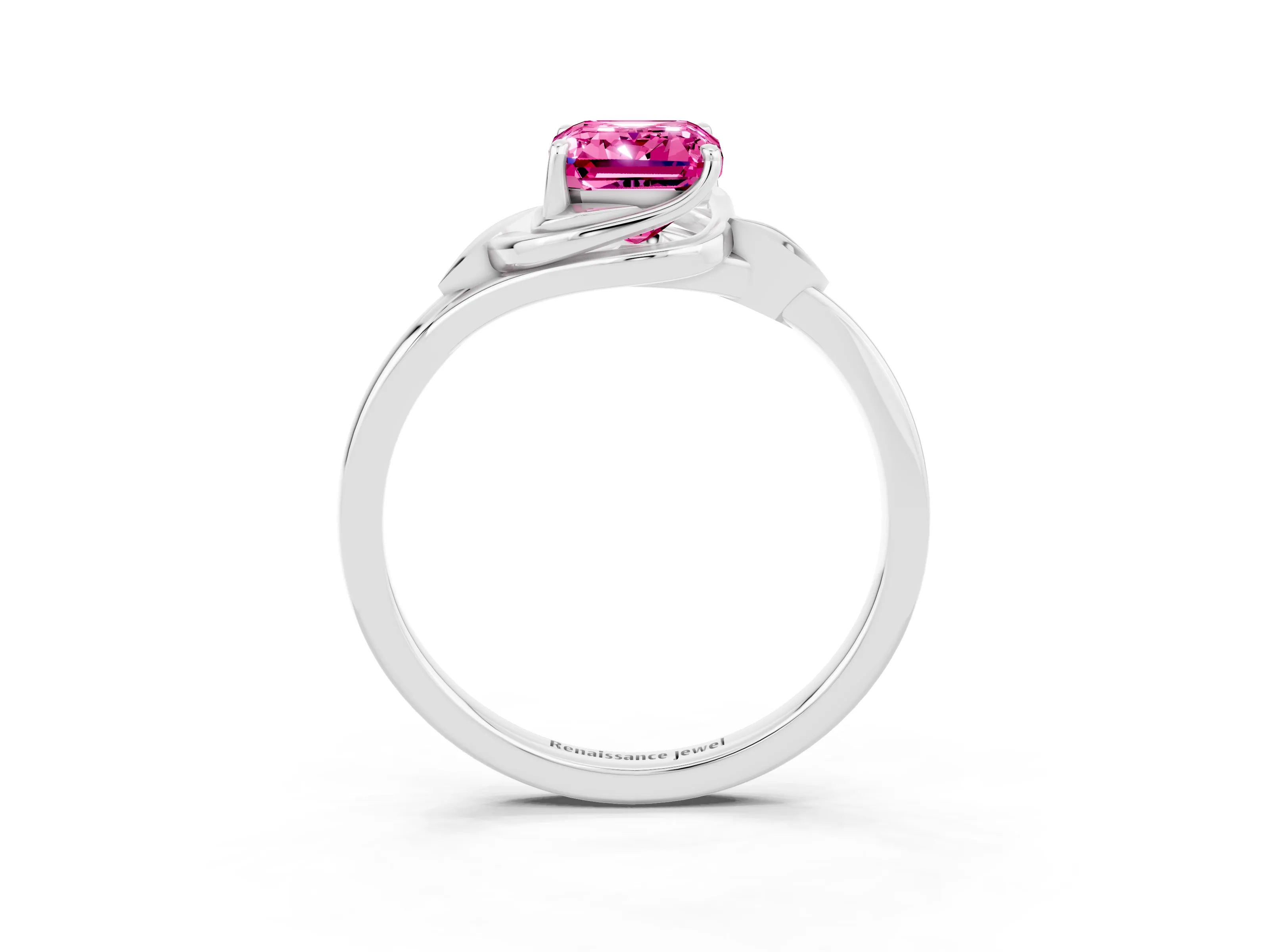 White gold Emerald Cut Pink Sapphire Solitaire Ring with Twist Band and Four-Prong Setting_15
