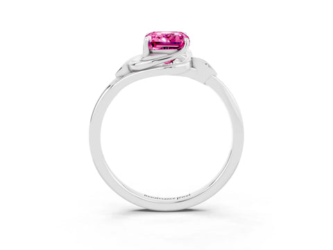 White gold Emerald Cut Pink Sapphire Solitaire Ring with Twist Band and Four-Prong Setting_15