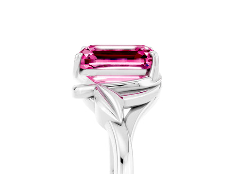 White gold Emerald Cut Pink Sapphire Solitaire Ring with Twist Band and Four-Prong Setting_17