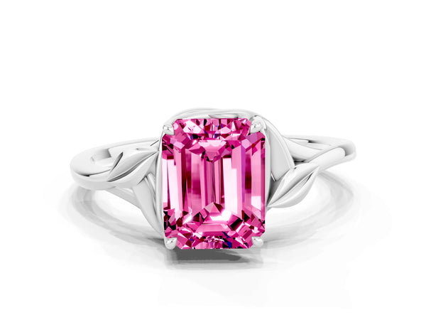 White gold Emerald Cut Pink Sapphire Solitaire Ring with Twist Band and Four-Prong Setting