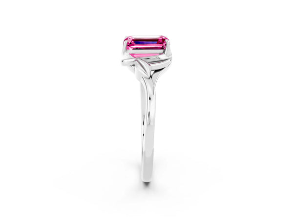 White gold Emerald Cut Pink Sapphire Solitaire Ring with Twist Band and Four-Prong Setting