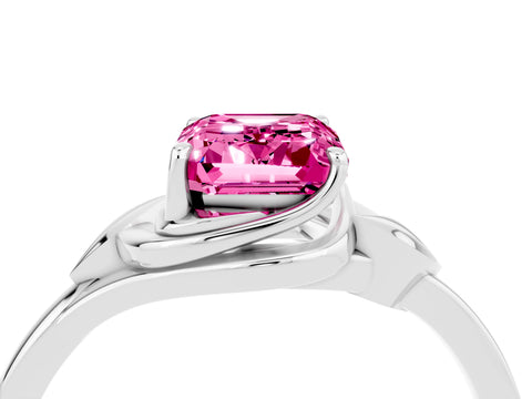 White gold Emerald Cut Pink Sapphire Solitaire Ring with Twist Band and Four-Prong Setting_40