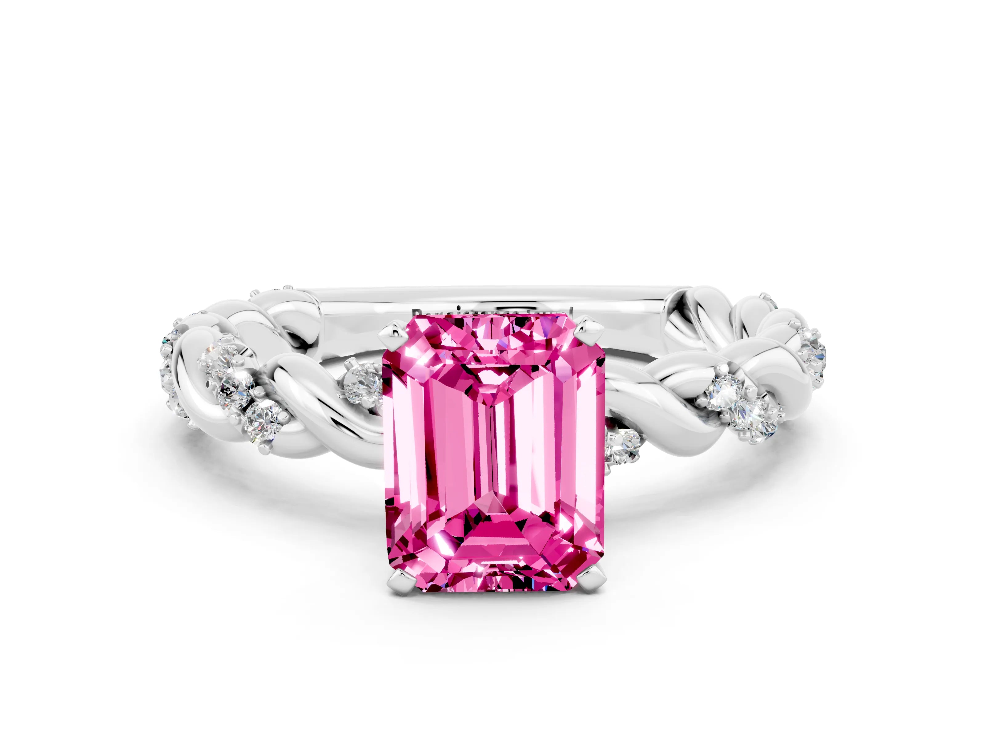 White gold Emerald Cut Pink Sapphire Solitaire Ring with Twisted Band and Pavé Accents