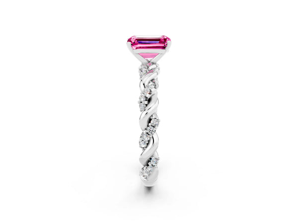 Platinum Emerald Cut Pink Sapphire Solitaire Ring with Twisted Band and Pavé Accents