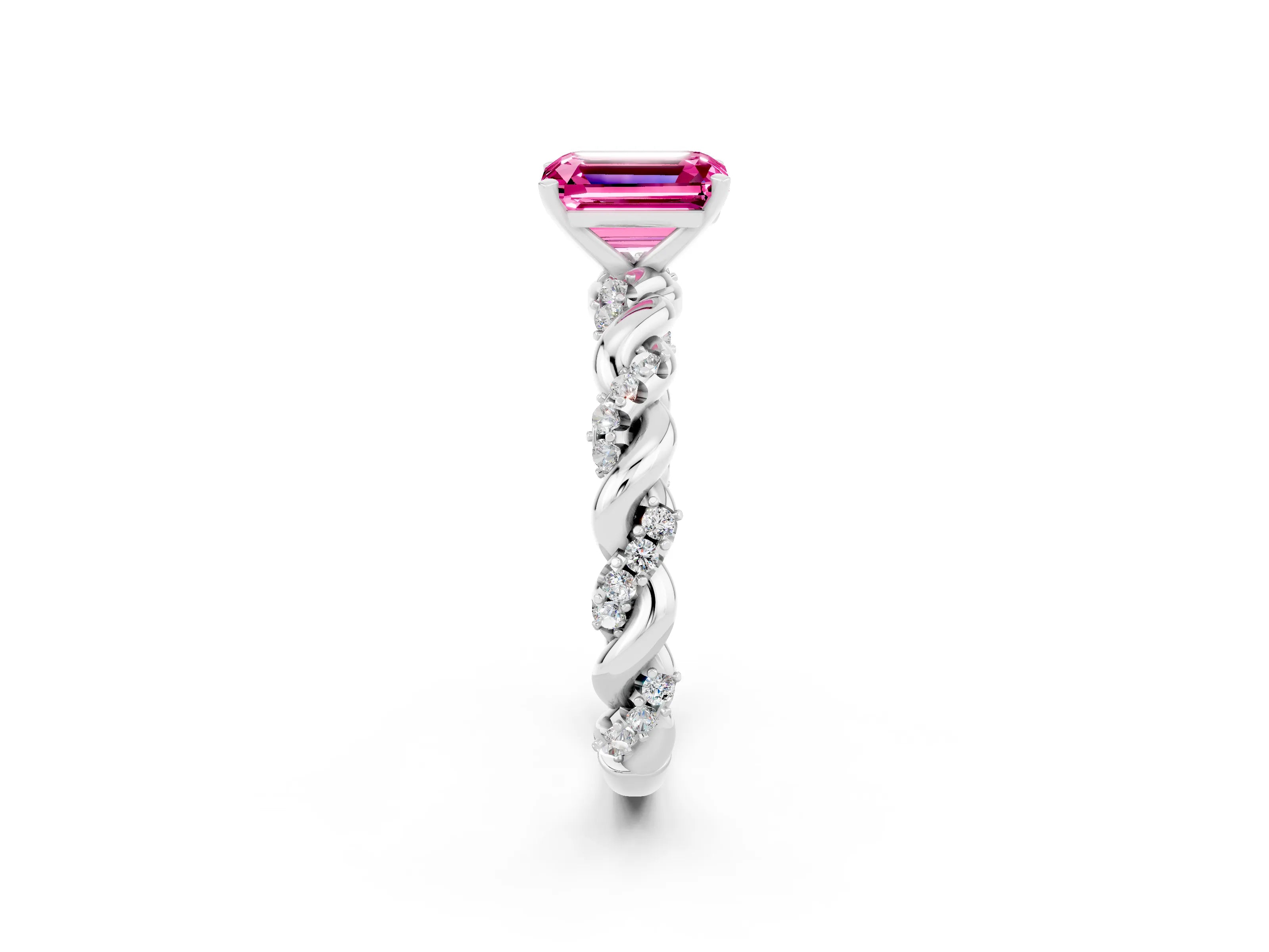 White gold Emerald Cut Pink Sapphire Solitaire Ring with Twisted Band and Pavé Accents_2