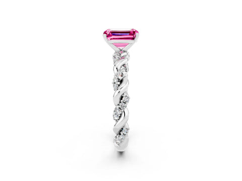 White gold Emerald Cut Pink Sapphire Solitaire Ring with Twisted Band and Pavé Accents_2