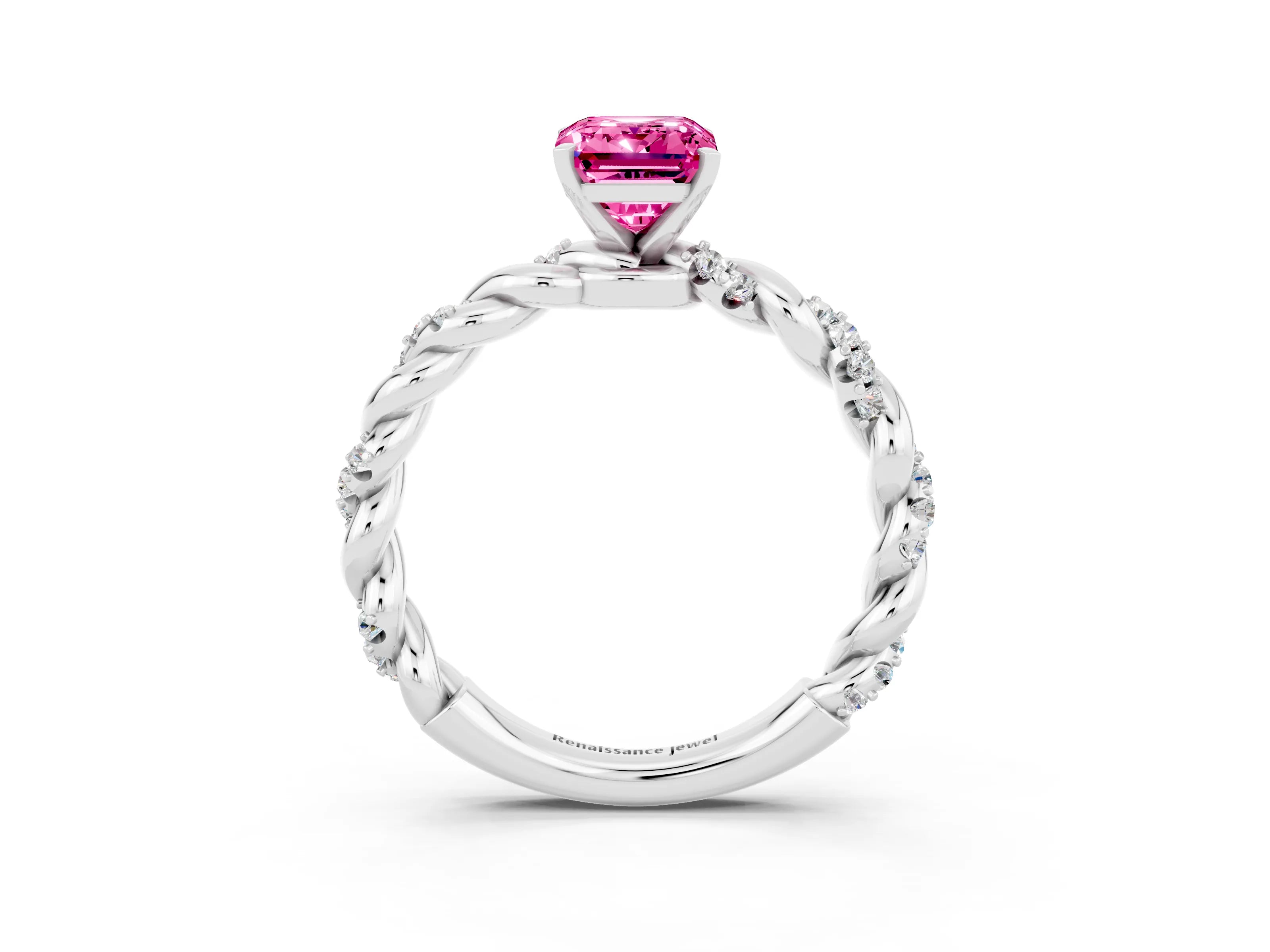 White gold Emerald Cut Pink Sapphire Solitaire Ring with Twisted Band and Pavé Accents_3