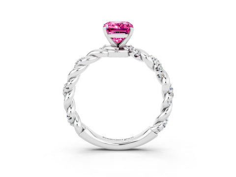 White gold Emerald Cut Pink Sapphire Solitaire Ring with Twisted Band and Pavé Accents_3
