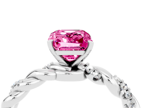 White gold Emerald Cut Pink Sapphire Solitaire Ring with Twisted Band and Pavé Accents_4