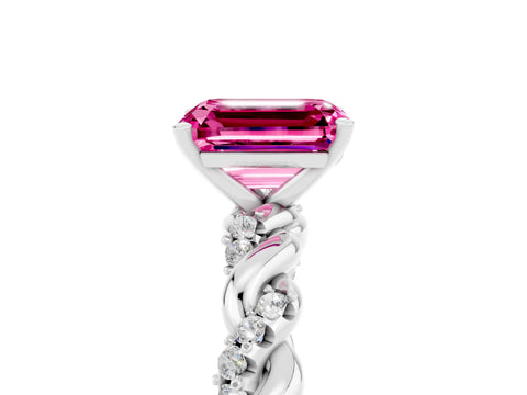 White gold Emerald Cut Pink Sapphire Solitaire Ring with Twisted Band and Pavé Accents_5