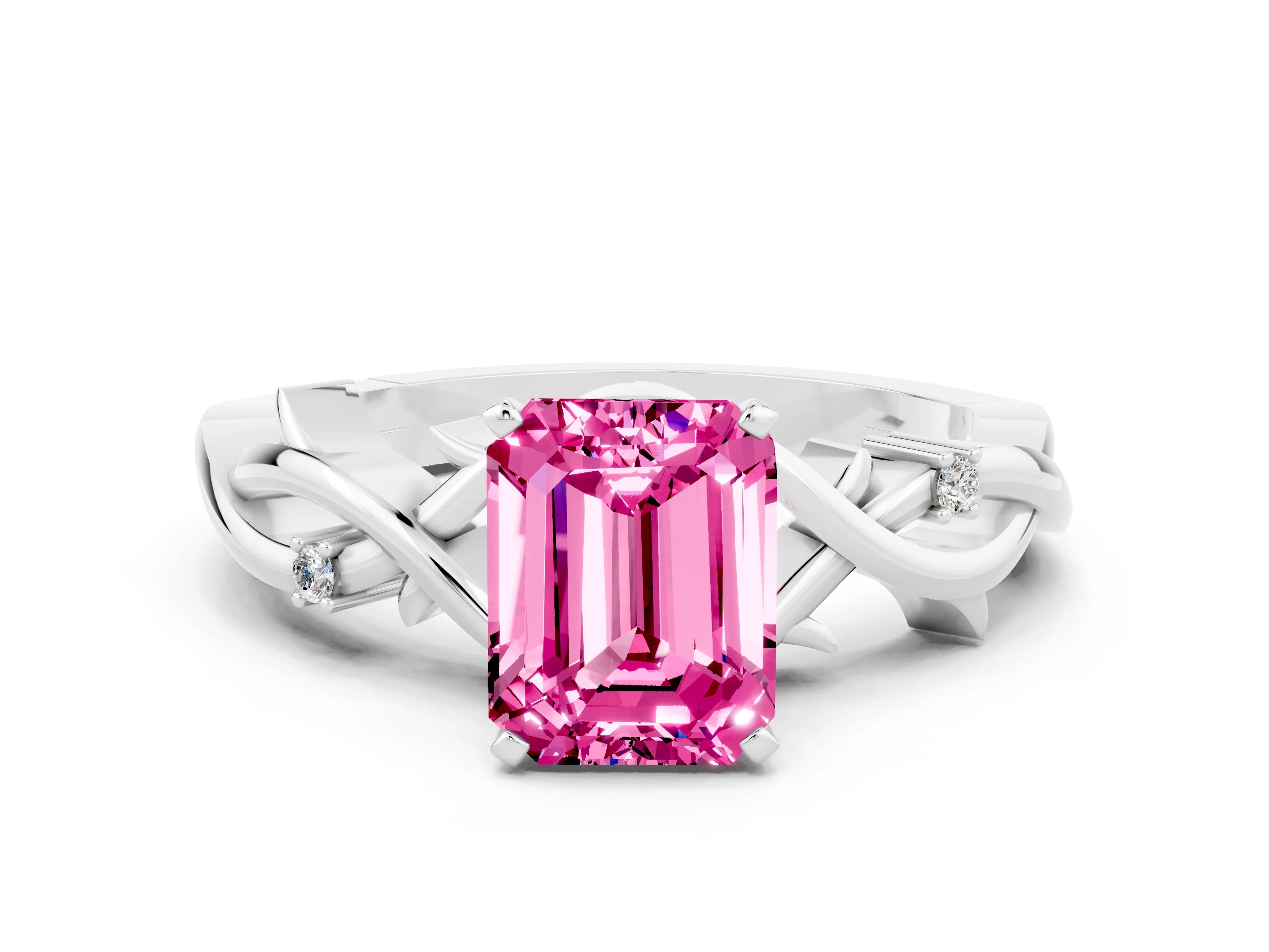 White gold Emerald Cut Pink Sapphire Solitaire Ring with Twisted Band and Prong Setting