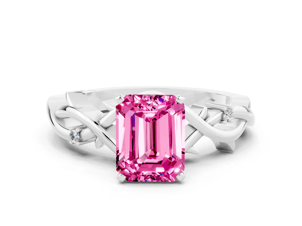 Silver Emerald Cut Pink Sapphire Solitaire Ring with Twisted Band and Prong Setting