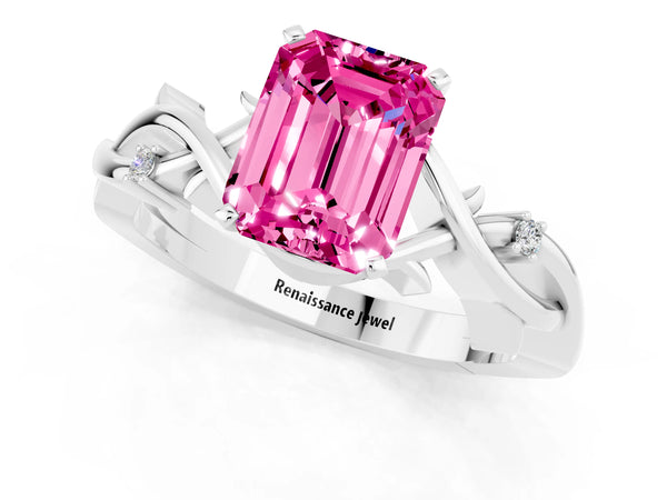 Platinum Emerald Cut Pink Sapphire Solitaire Ring with Twisted Band and Prong Setting