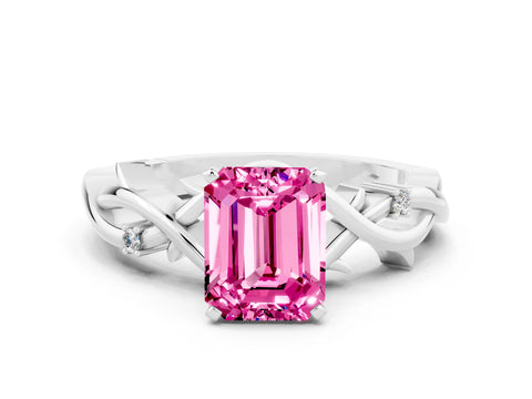 White gold Emerald Cut Pink Sapphire Solitaire Ring with Twisted Band and Prong Setting_12