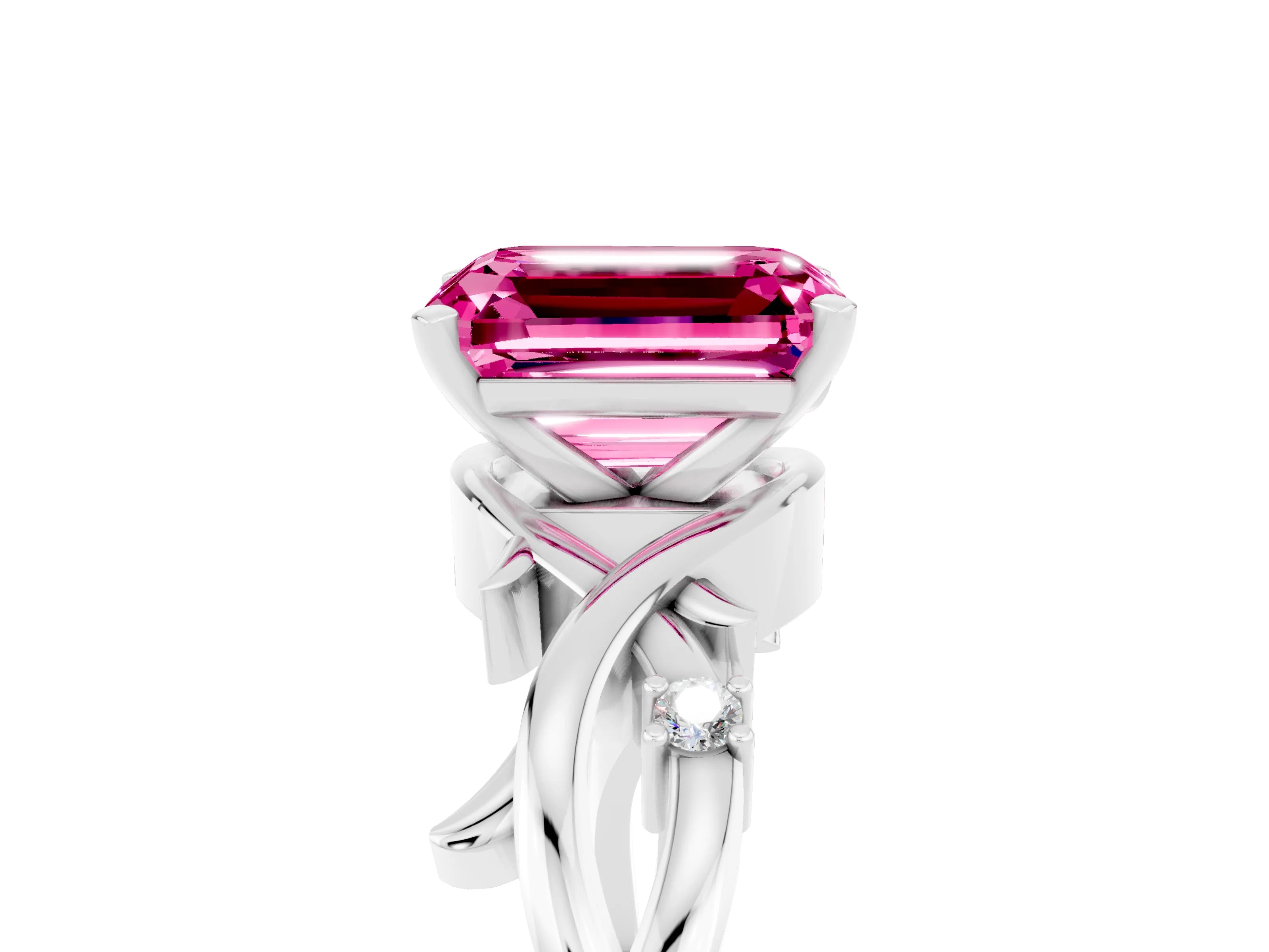 White gold Emerald Cut Pink Sapphire Solitaire Ring with Twisted Band and Prong Setting_17