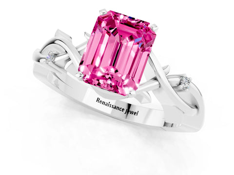 White gold Emerald Cut Pink Sapphire Solitaire Ring with Twisted Band and Prong Setting_1