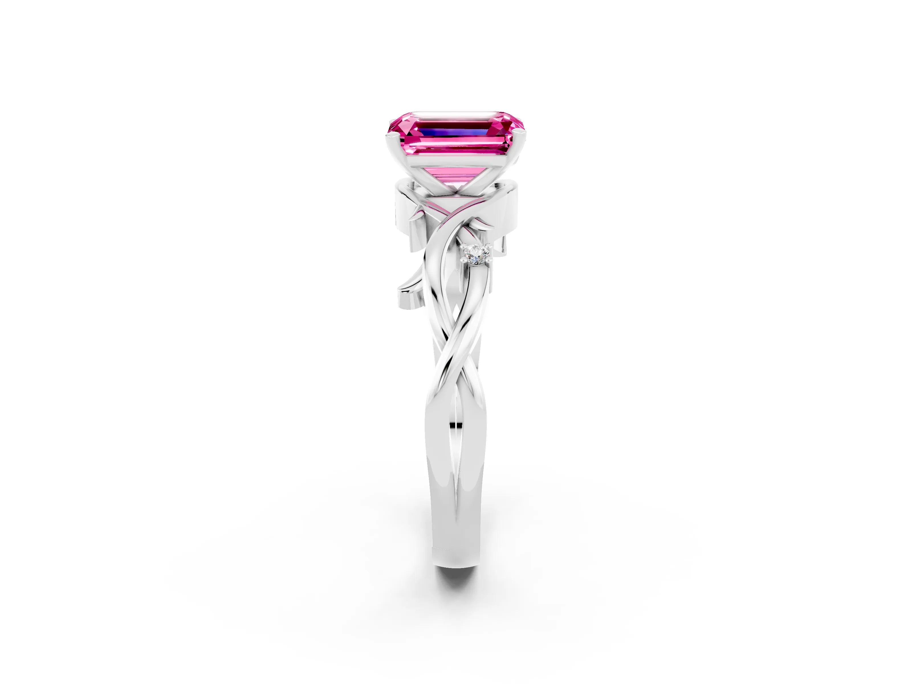 White gold Emerald Cut Pink Sapphire Solitaire Ring with Twisted Band and Prong Setting_2